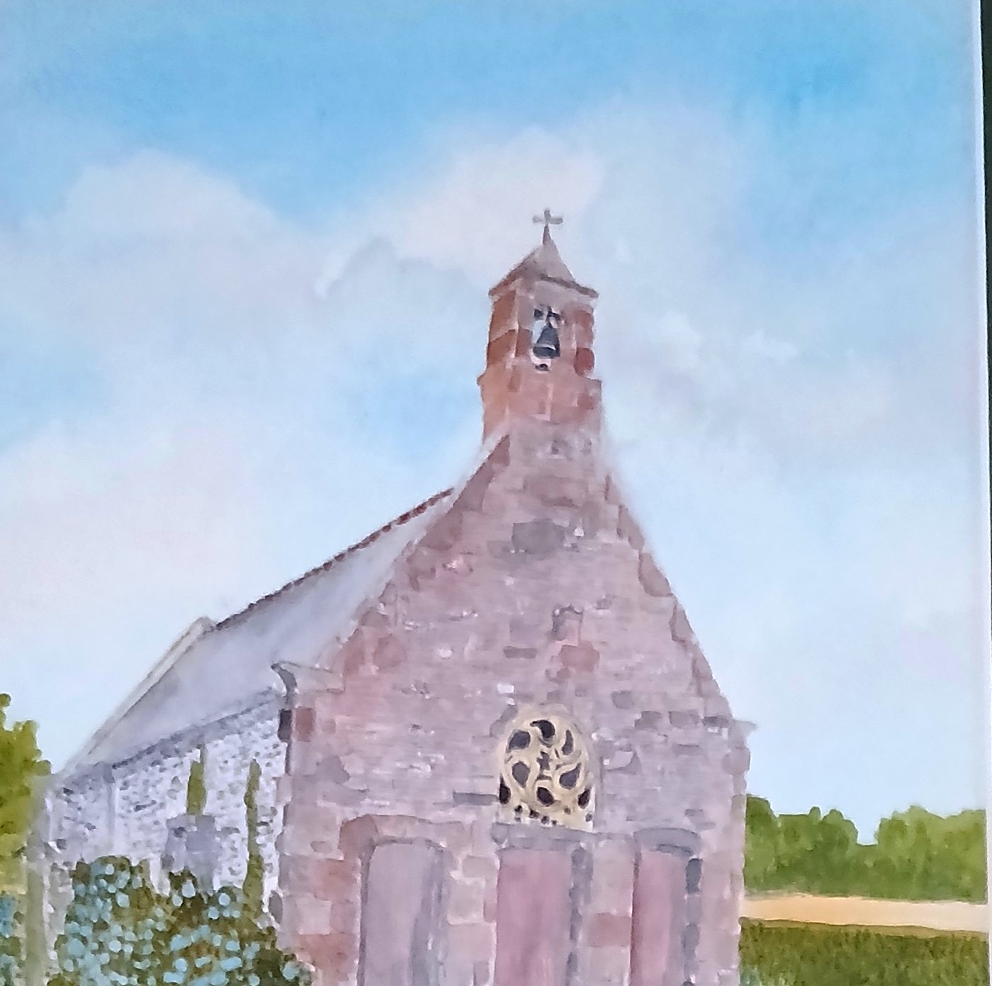 Aquarelle représentant la chapelle Saint Gonéry, son clocher et son calvaire